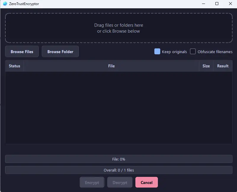 ZeroTrustEncryptor GUI showing drag-and-drop file encryption interface