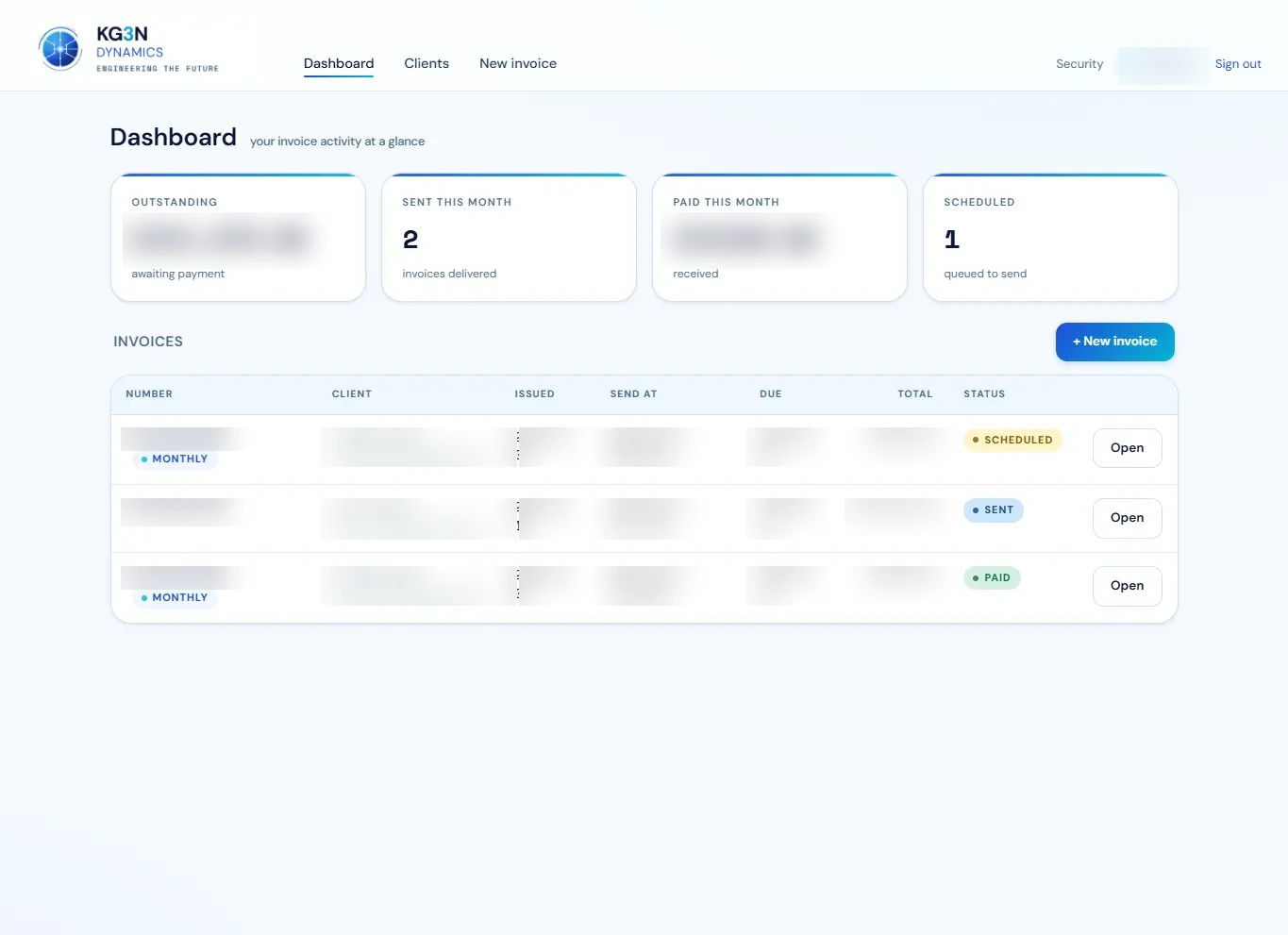 KG3N Invoicer dashboard with invoice schedule