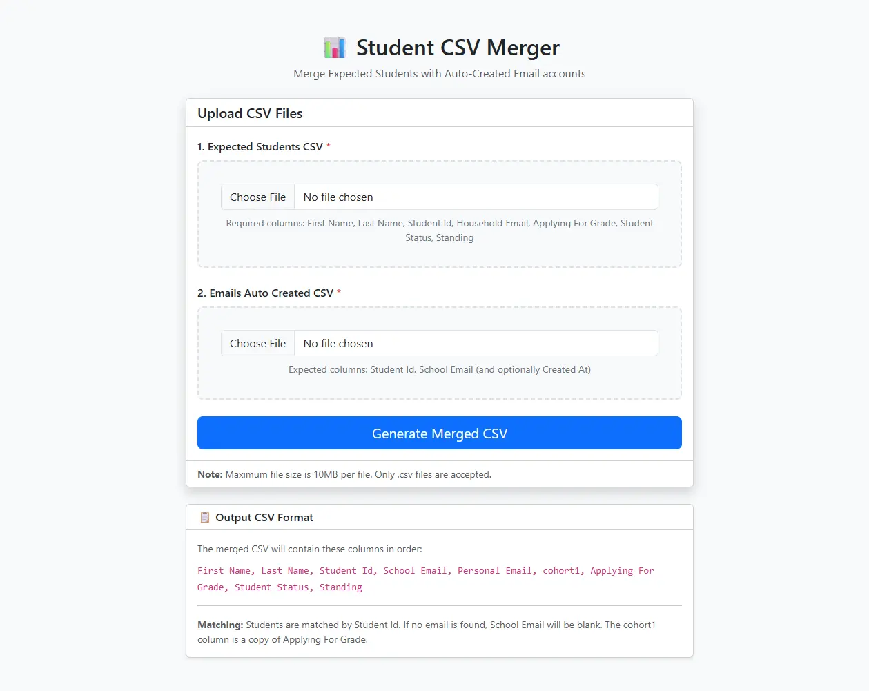Student Data Merger upload interface with output format summary