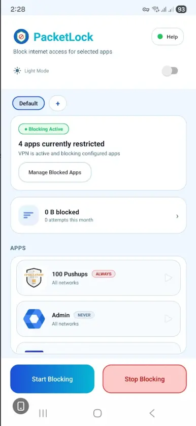 PacketLock main screen showing four apps currently restricted