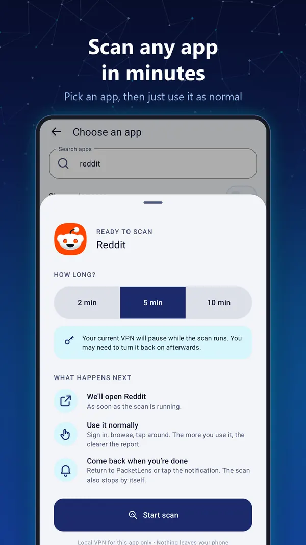 Scan any app in minutes - choosing an app and a 2, 5 or 10 minute scan length