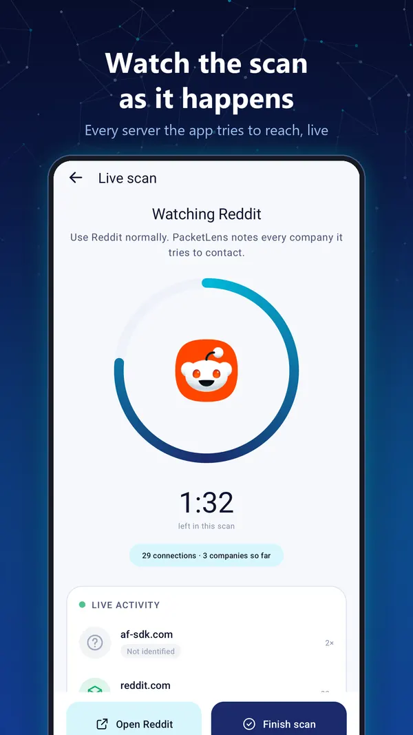 Watch the scan as it happens - a live scan counting connections and companies as the app runs