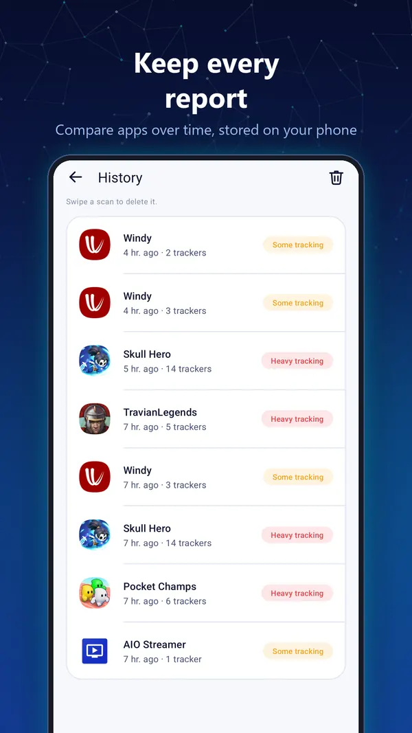 Keep every report - scan history stored on the phone, comparing apps over time
