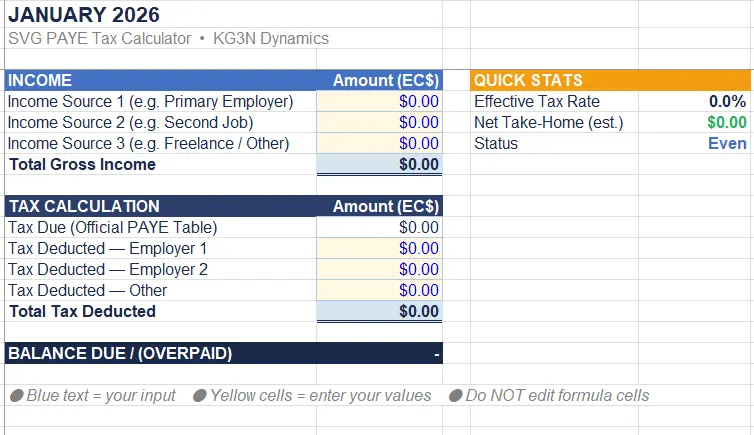Monthly sheet - income, tax calculation, and quick stats