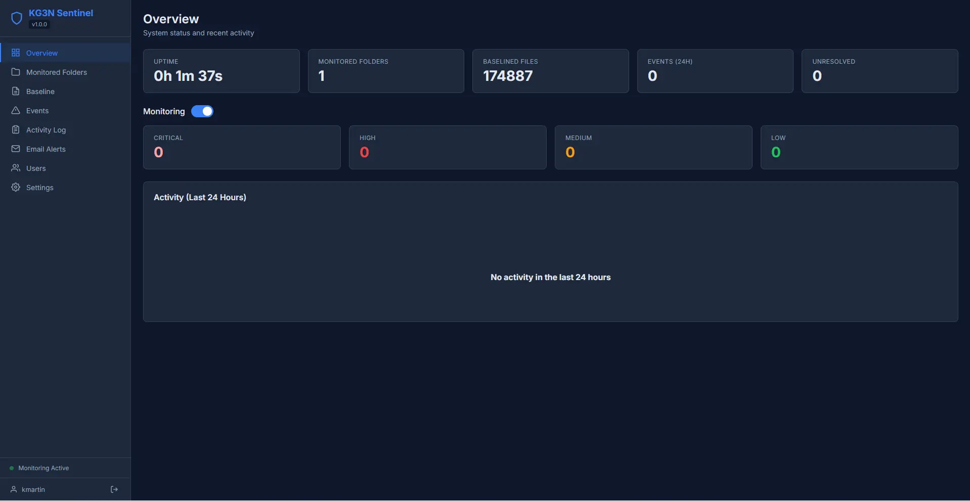 KG3N Sentinel event log showing real-time file system changes
